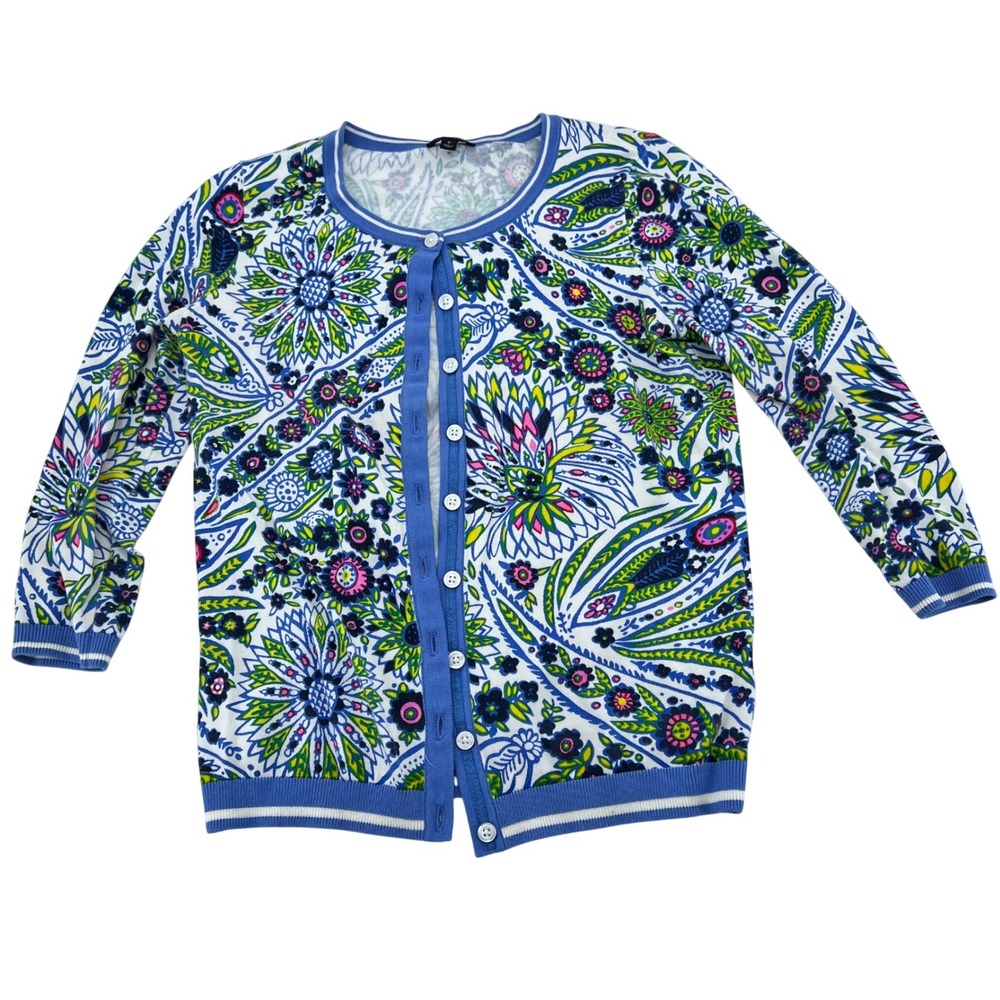 Talbots Petites Blue Floral Paisley Cardigan Sweater Cotton Rayon Size P 1761